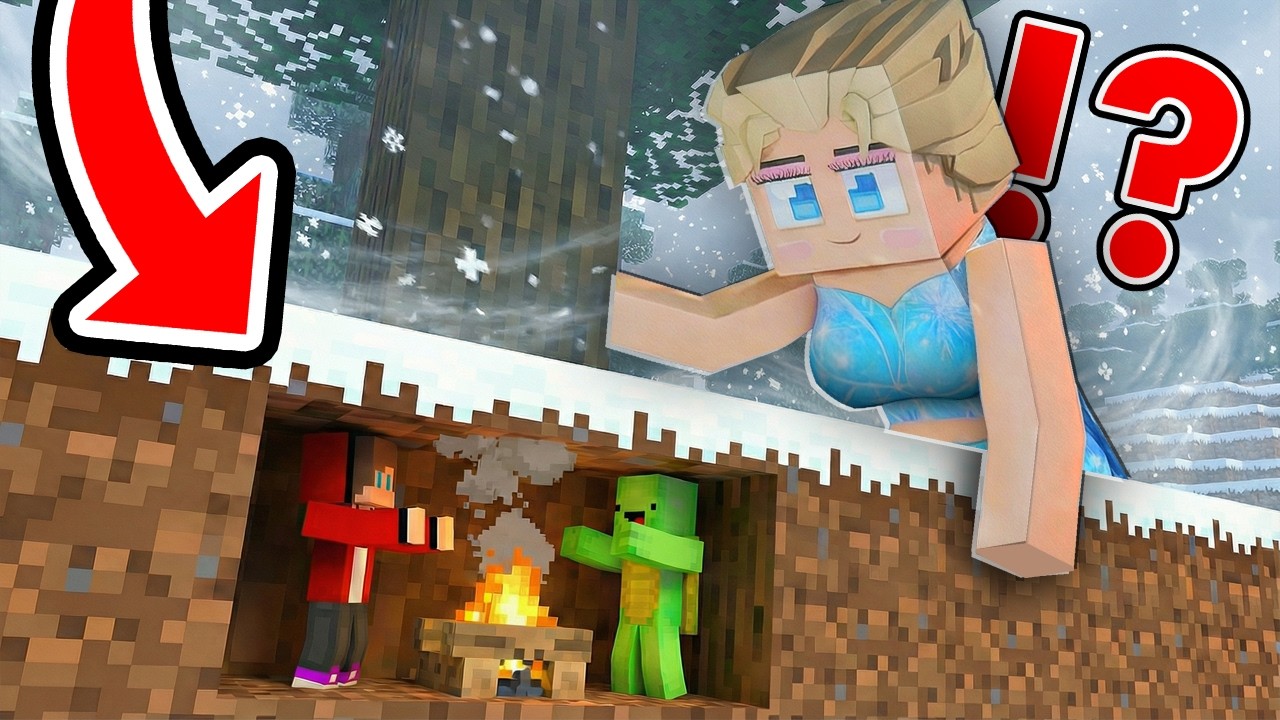 JJ and Mikey HIDE in BUNKER from FROZEN DOOMSDAY with Frozen Elsa in Minecraft- Maizen