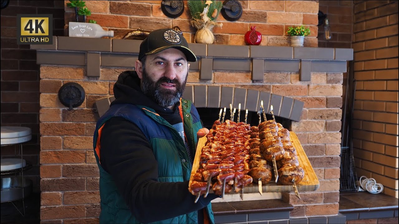 ШАШЛЫК из КУРИНЫХ СЕРДЕЧЕК. Сочные шампиньоны на мангале.