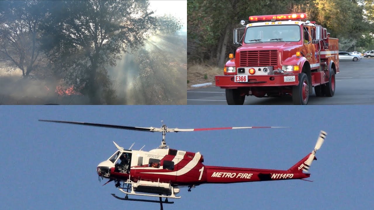 Fire Trucks Responding & On Scene of a Vegetation Fire in Fair Oaks - Sacramento Metro Fire District