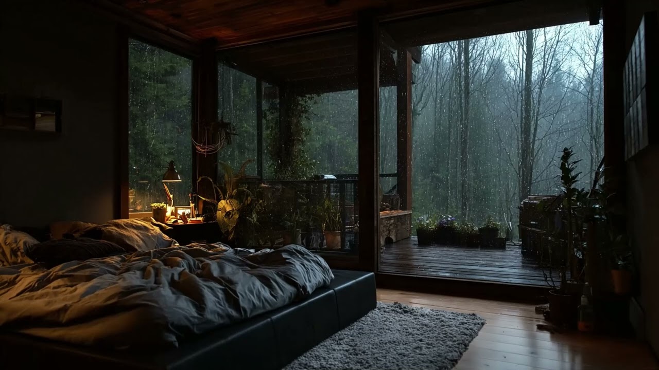 Soothing Rain in Cozy Pine Forest Cabin 🌧️ Warm Lamp & Books for Deep Sleep Tonight