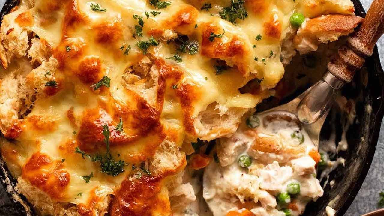Leftover Turkey Pot Pie WITH Cheesy Garlic Bread Topping!