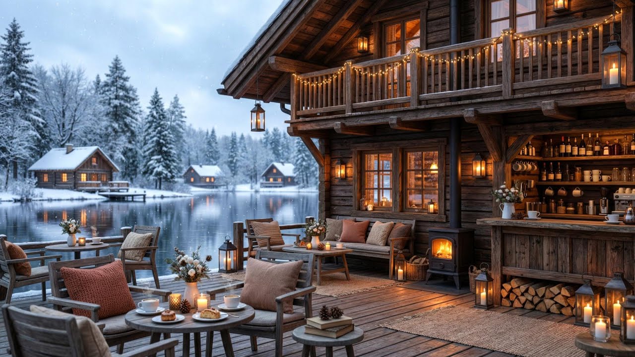 Winter Night Coffee Shop ❄️ Fireplace + Jazz for Calm and Peace