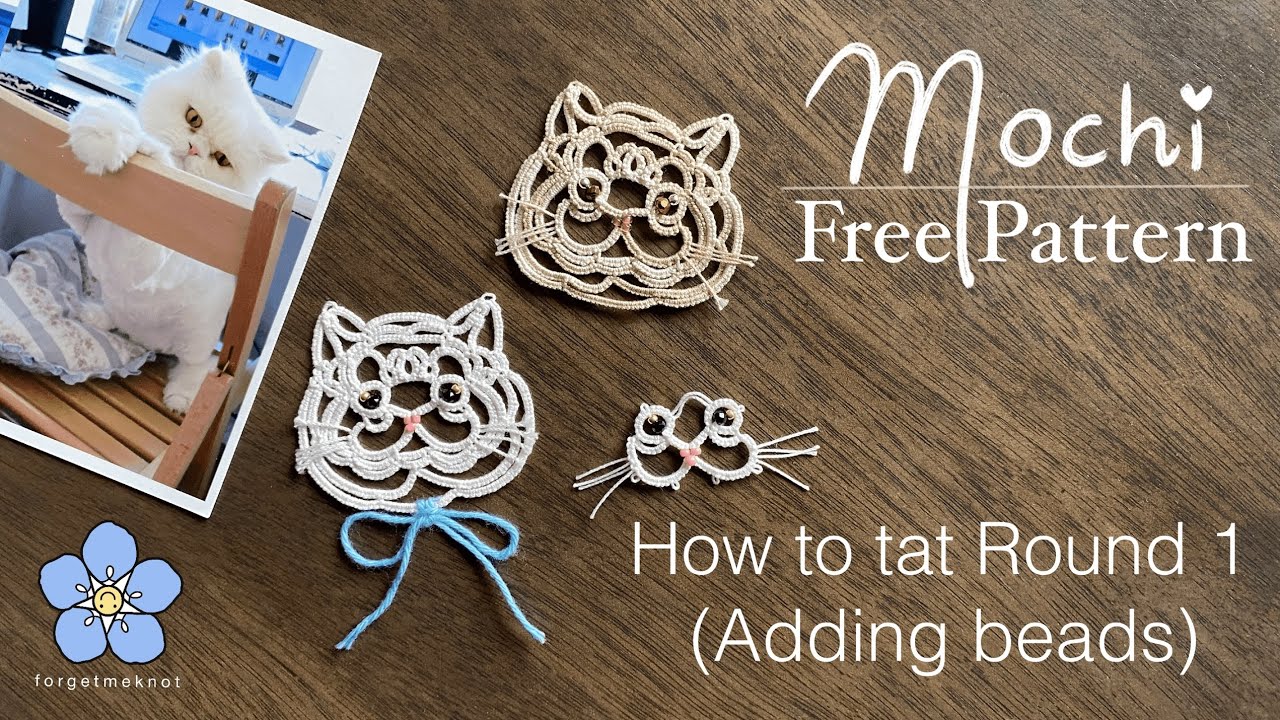 [MOCHI] Tatting Lace Tutorial: Round 1 (Cat Face) 태팅레이스 비즈로 고양이 Frivolite タティングレース adding beads