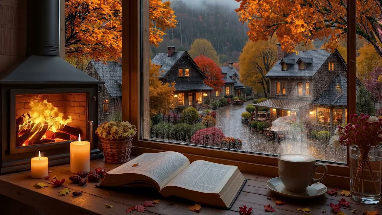 Нежный осенний джаз под дождём 🍂 Уютное кафе с камином и расслабляющей музыкой для учёбы и отдыха