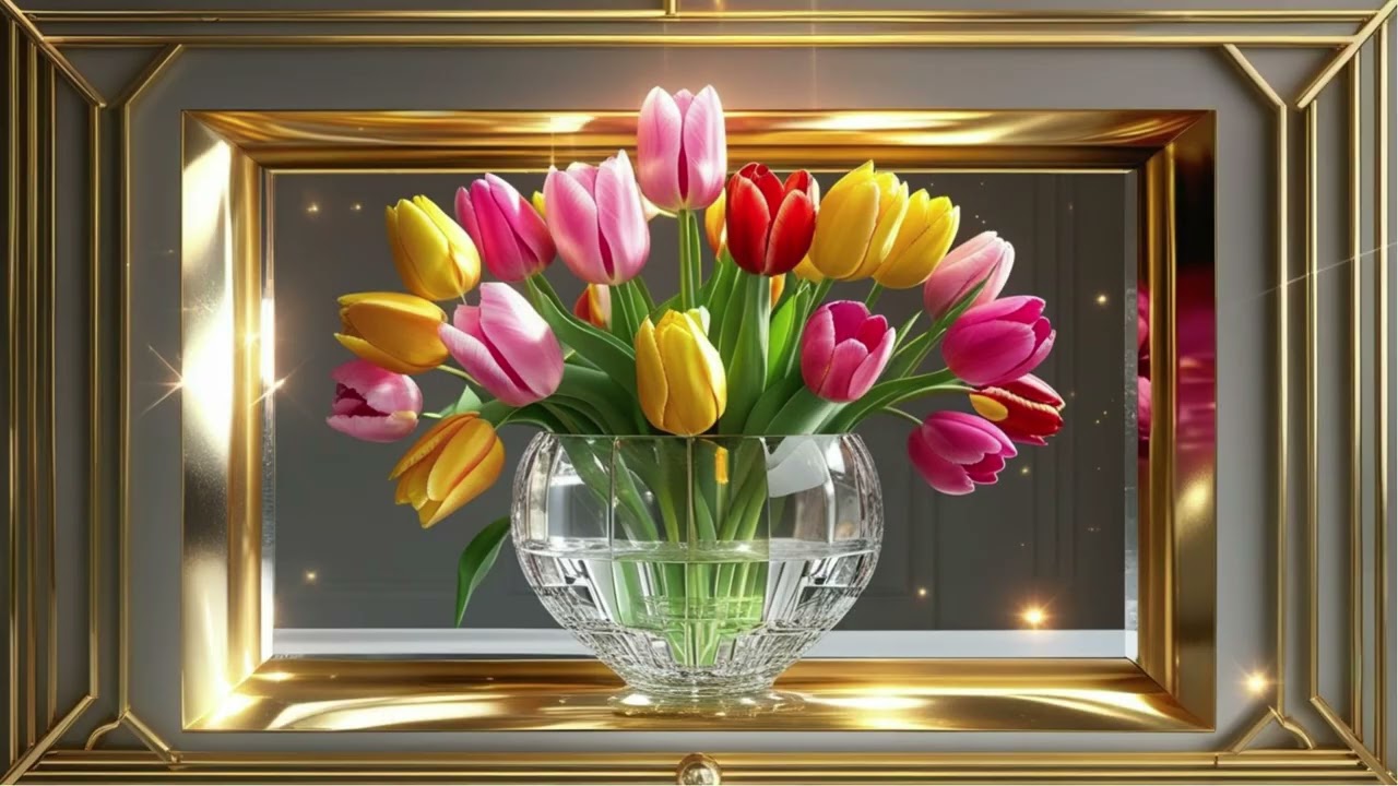 Golden Frame Still Art – Multicolor Tulip in Glass Vase | Elegant TV Screensaver for Home Ambience