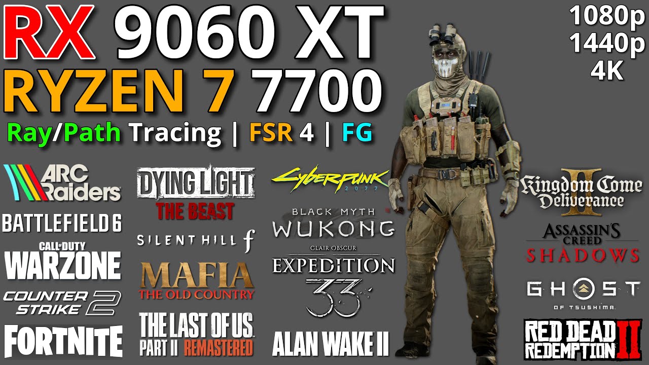 RX 9060 XT 16GB + RYZEN 7 7700 | Test in 20 Games | Ray Tracing + FSR 4 + FG | 1080p - 1440p & 4K