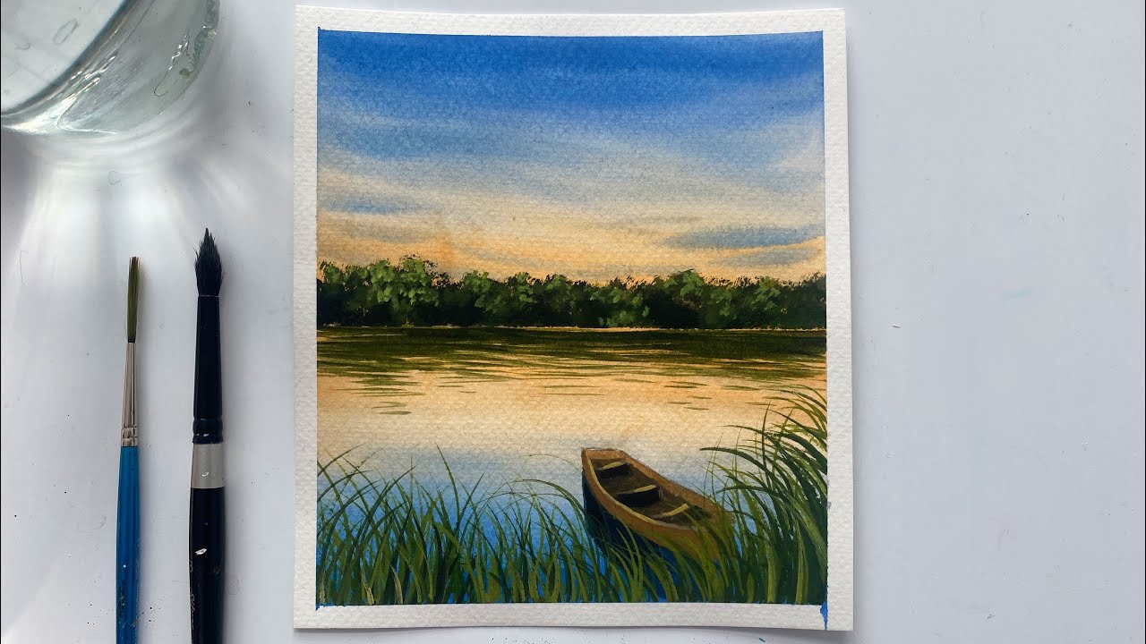 How to Paint a Sunset Lake Scenery | Watercolor Painting Tutorial Step by Step