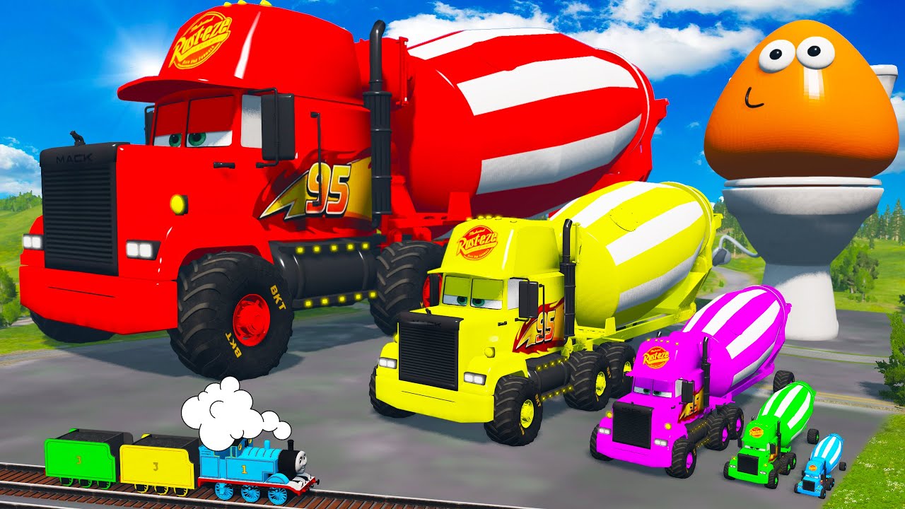 Big & Small Long Mack Truck Mixer with Monster Truck Wheels - Slide Color vs Stairs - BeamNG.drive