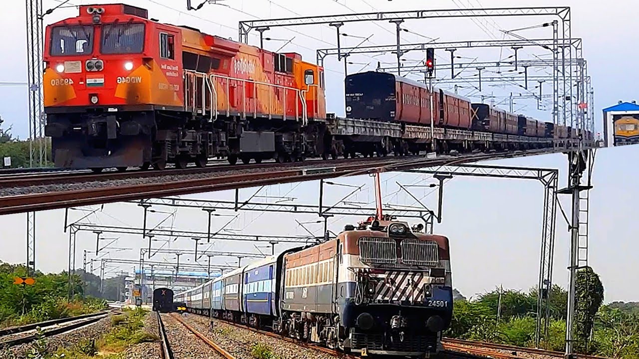 High speed WAG7 24501 with NMG wagon rake + WDG4G  49360 wagon rake with metergauge coaches (MILY).