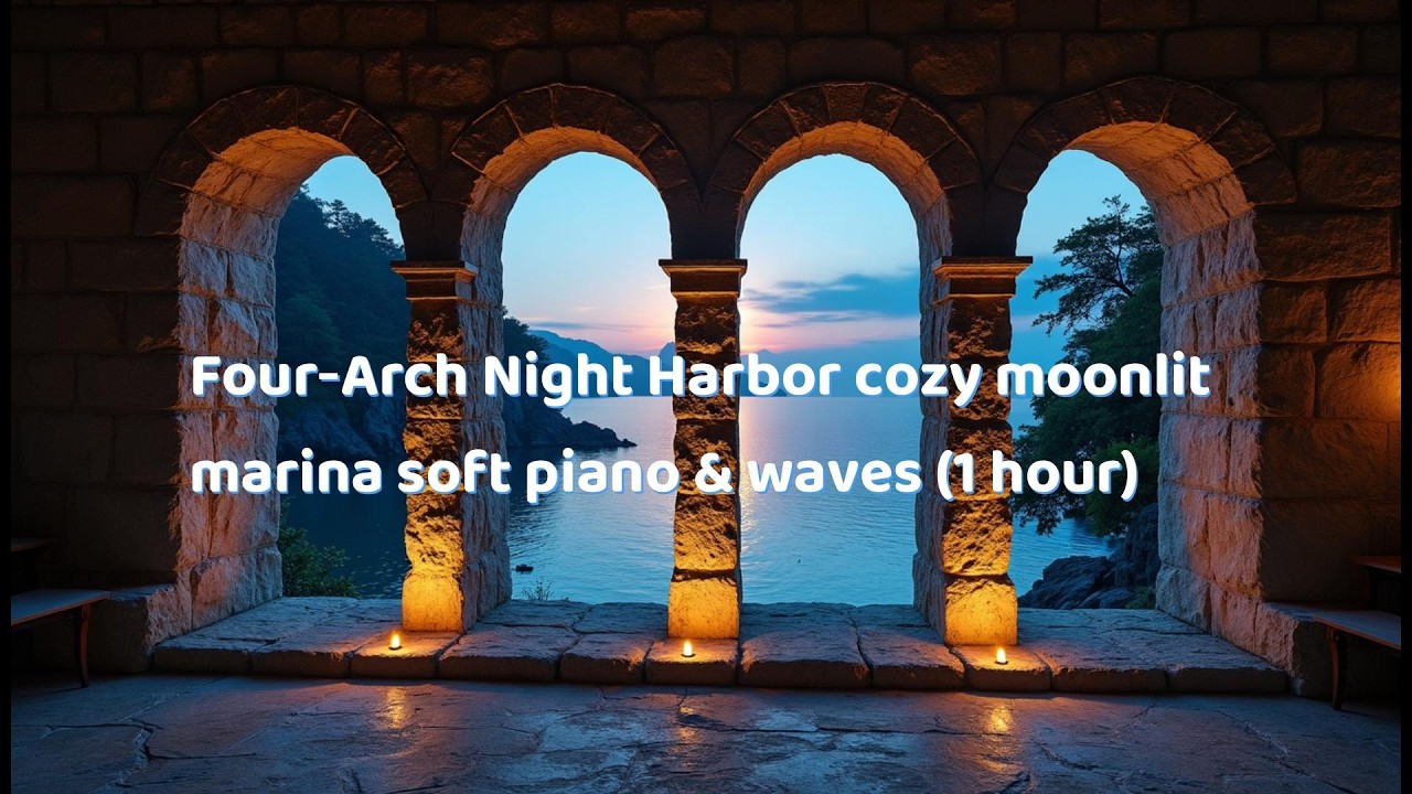 Four‑Arch Night Harbor — cozy moonlit marina soft piano & waves (1 hour)