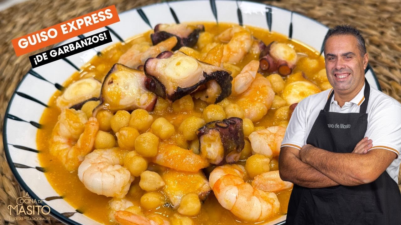 Guiso express de garbanzos con pulpo y langostinos