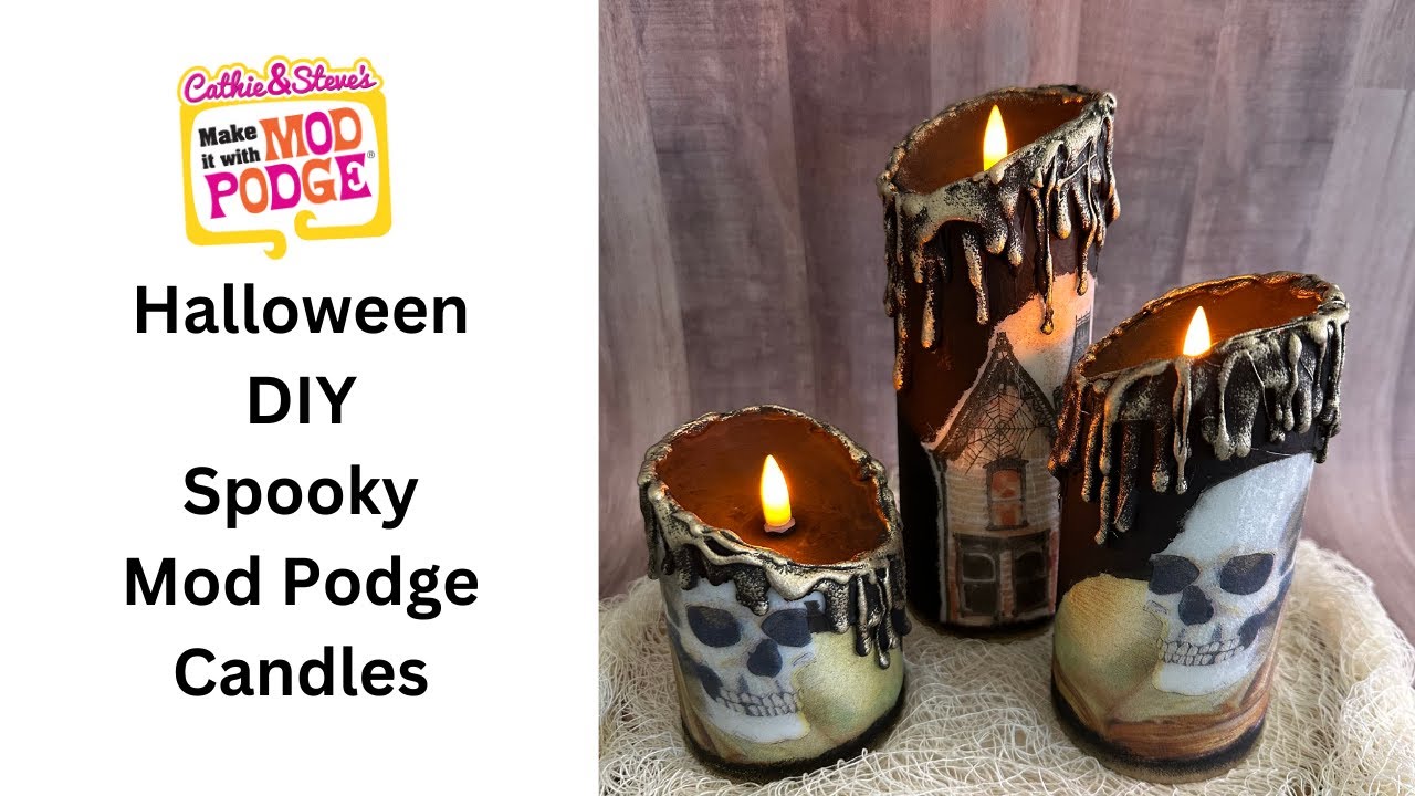 Dollar Tree Spooky Candles with Napkin Decoupage and Hot Glue