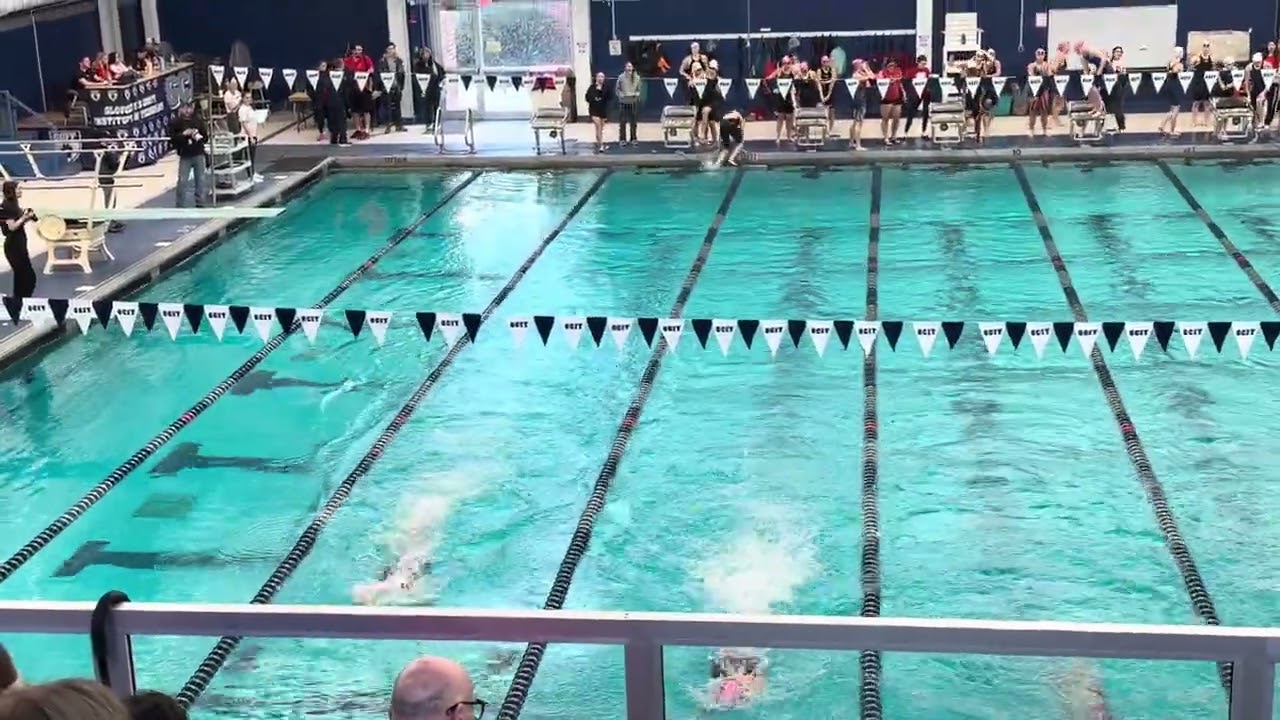 200 Free relay at the SJ Sectionals Group A Finals. (Lane 5/white cap/black suit/3rd relay swimmer