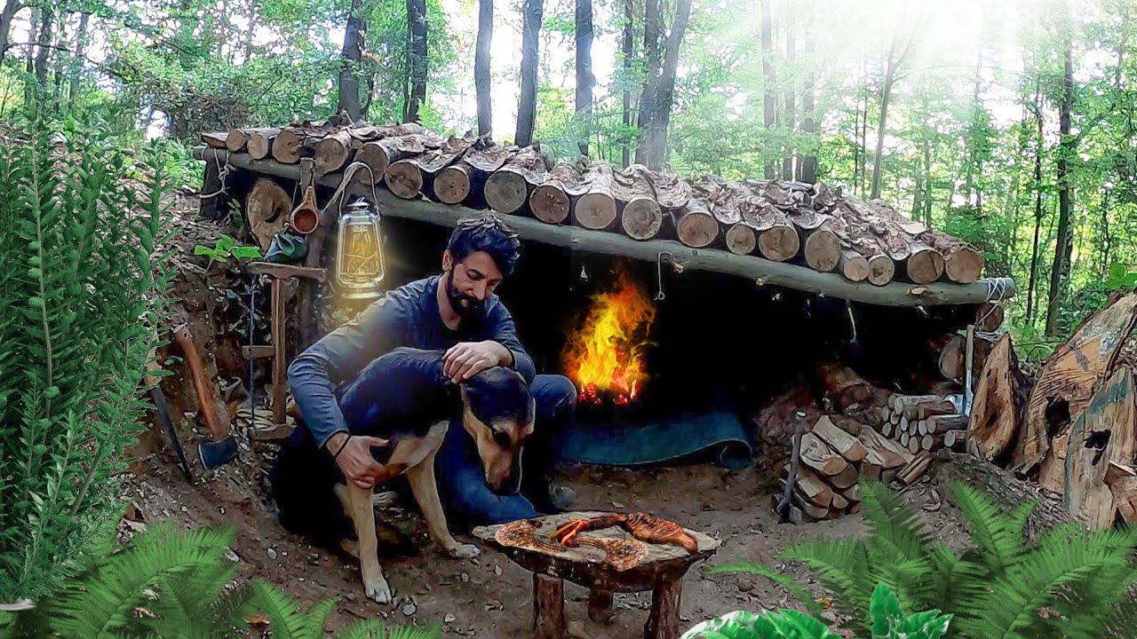 Bushcraft Shelter Camping: Building Fire Pit Roof, Survival Skills, Campfire Cooking, Wild Camp, DIY