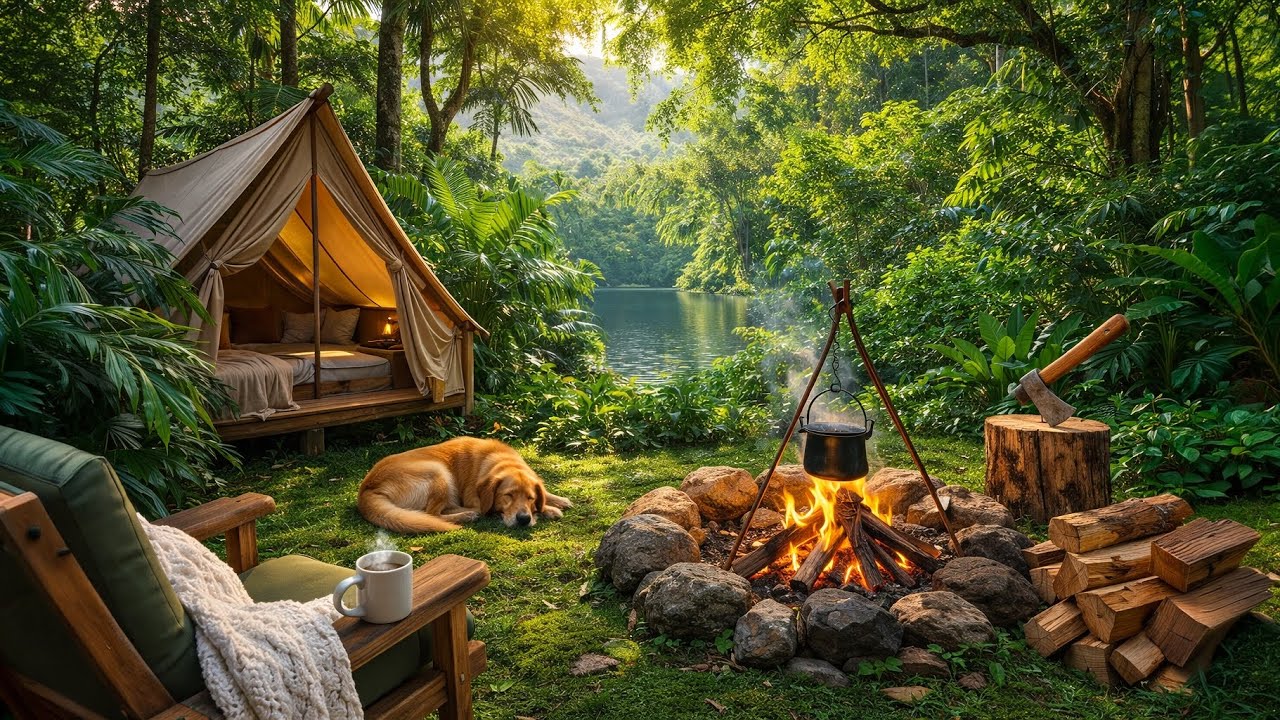 Peaceful Jungle Camping by the River 🔥 Cozy Campfire, Sleeping Dog & Tropical Nature Sounds