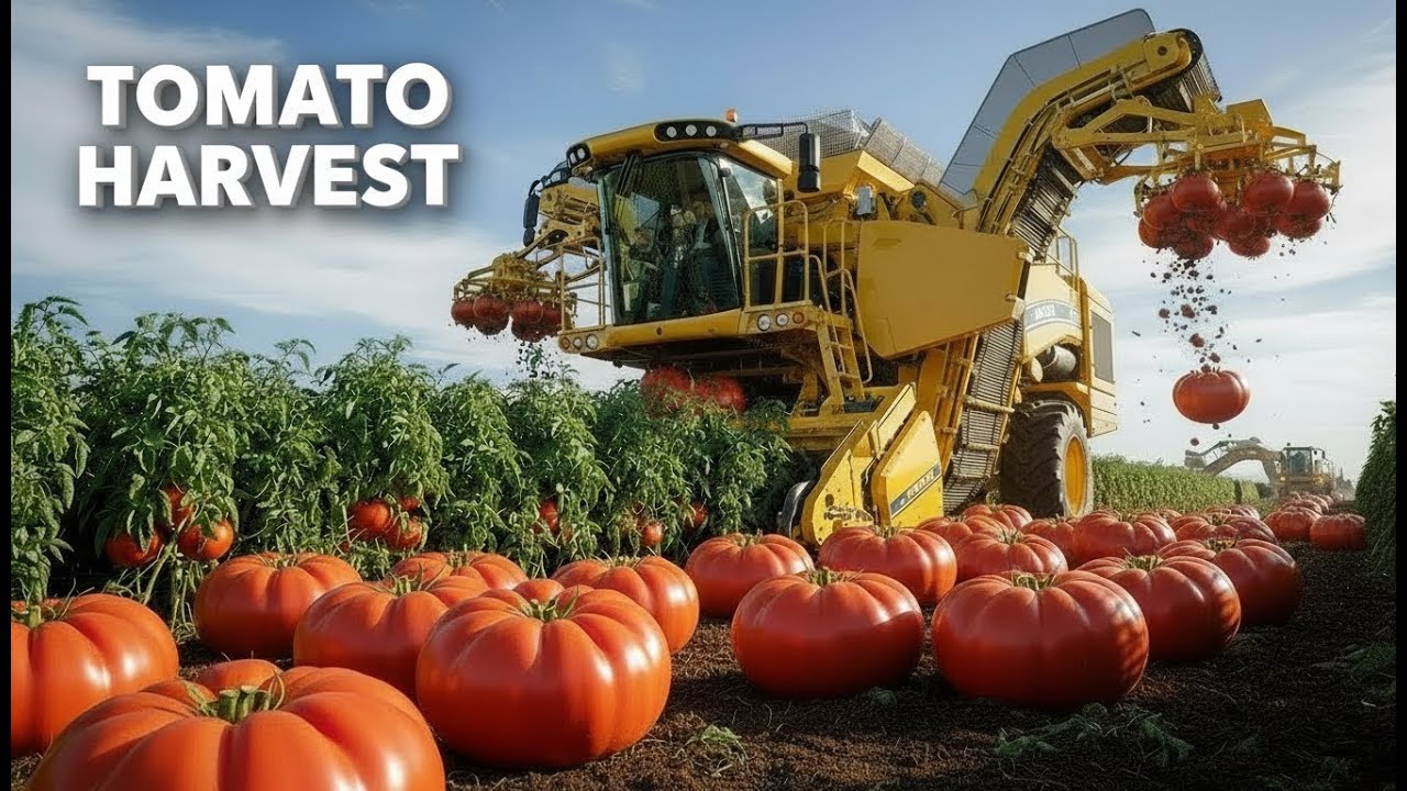 EXTREME Tomato Harvest: GIANT Harvesters & High-Tech Optical Sorting Factory - Harvest Motion