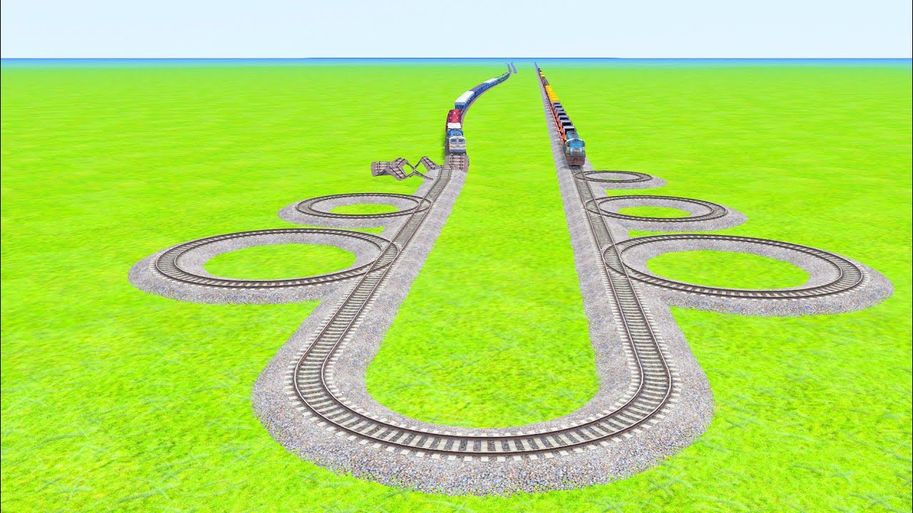 TWO🚂🚃TRAINS SIX CURVE CIRCLE TRACK CROSSING AND BUMPYRAILROAD CROSSING #trainsimulator 