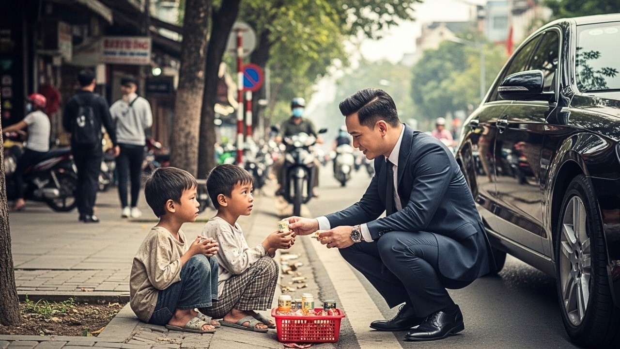 Hai Cậu Bé Ăn Cơm Từ Thiện Giữa Trời Nắng — Một Câu Nói Khiến Tỷ Phú Bật Khóc!