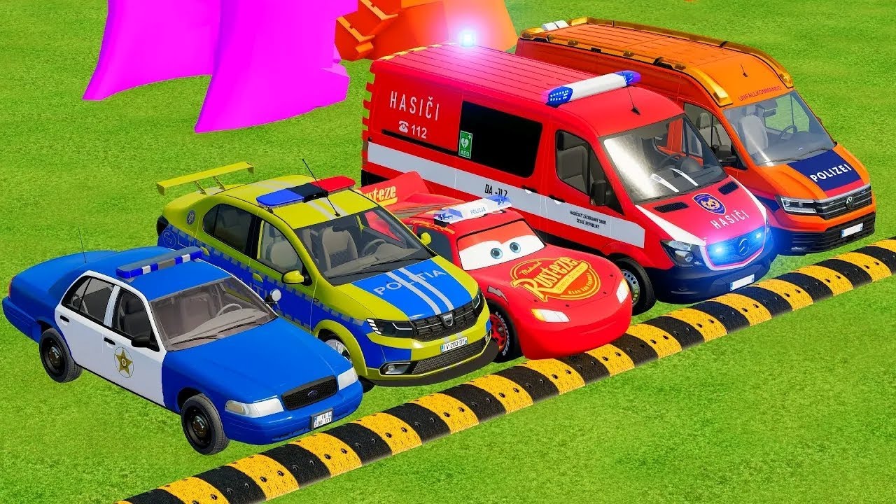 TRANSPORTING EMERGENCY DEPARTMENT CARS, AMBULANCE, POLICE CARS, FIRE TRUCK OF COLORS! - FS 22