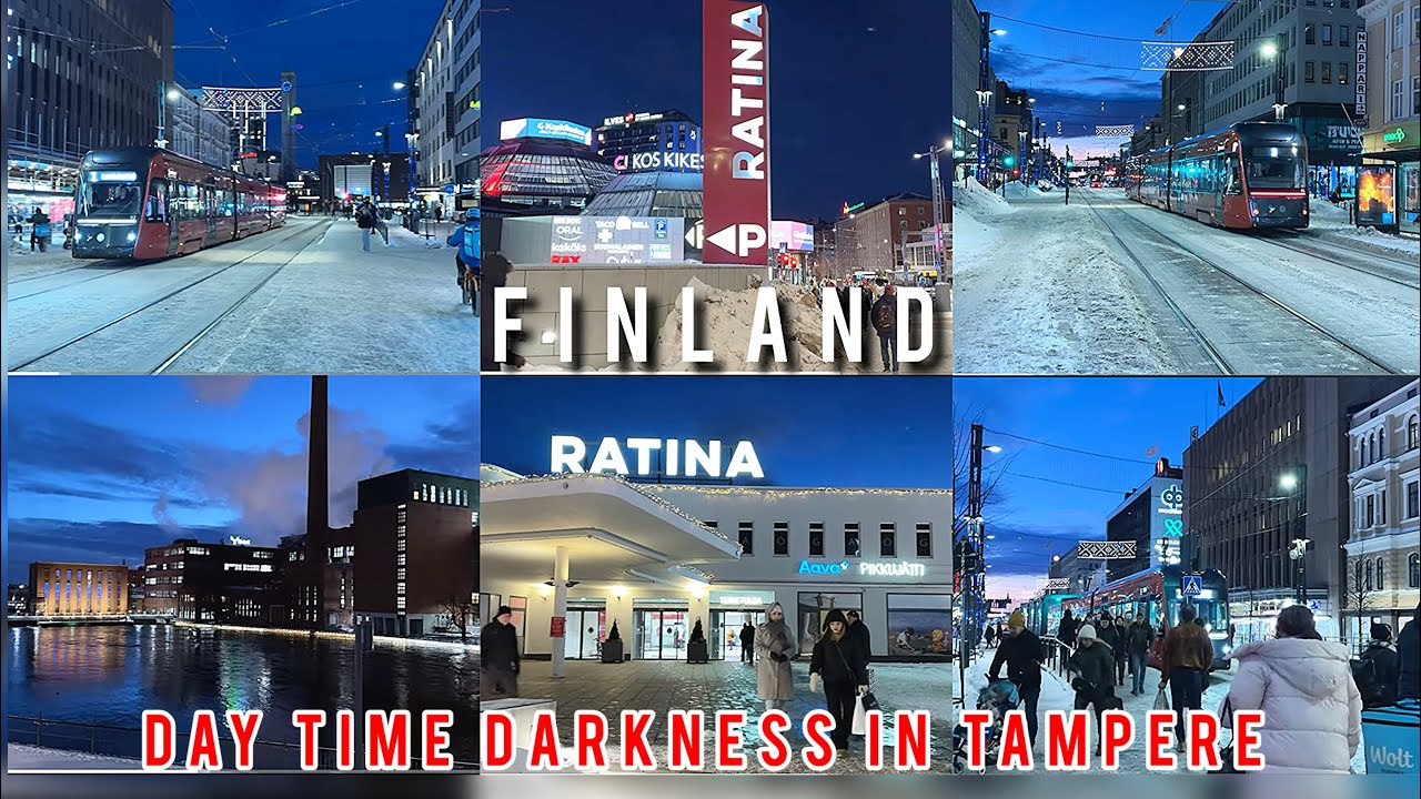 AFTERNOON DARKNESS IN FINLAND WINTER TIME - TAMPERE CITY WALKING TOUR IN STUNNING 4K ULTRA HD