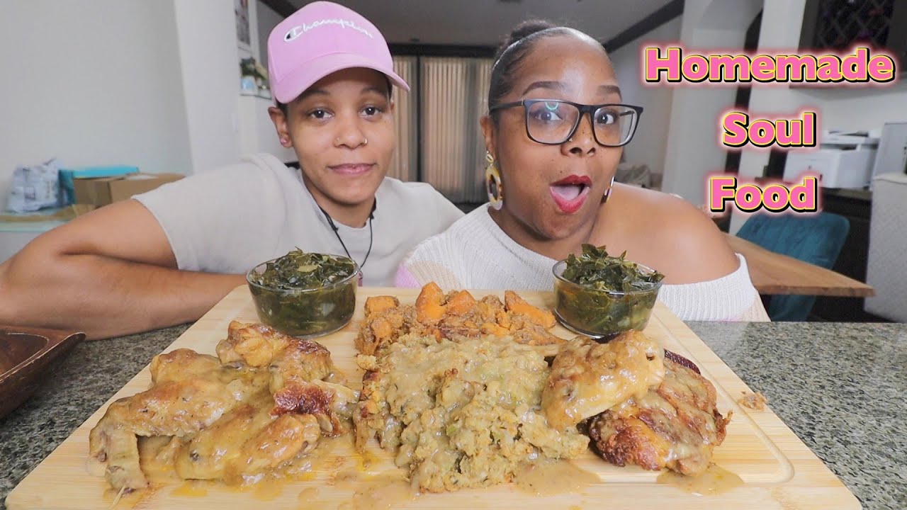 HOMEMADE DELECTABLE SOUL FOOD MUKBANG (SMOTHERED CHICKEN, DRESSING, YAMS & GREENS)