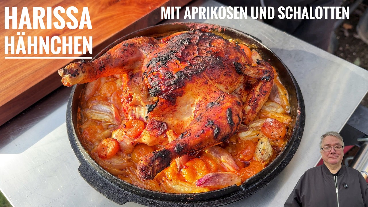 #722: Harissa Hähnchen mit Aprikosen und Schalotten aus dem Moesta Sheriff Pelletgrill -  Großartig!