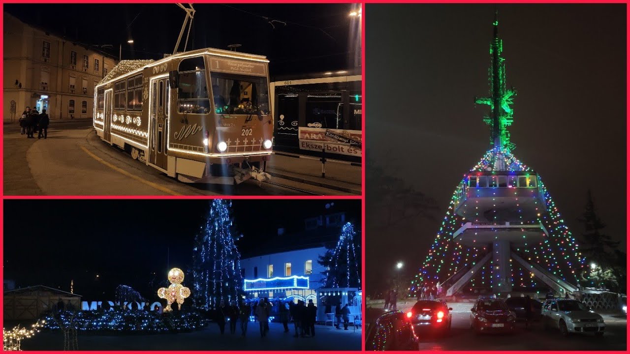 Miskolci adventi villamos (2021-22), és a kivilágított avasi kilátó és belváros