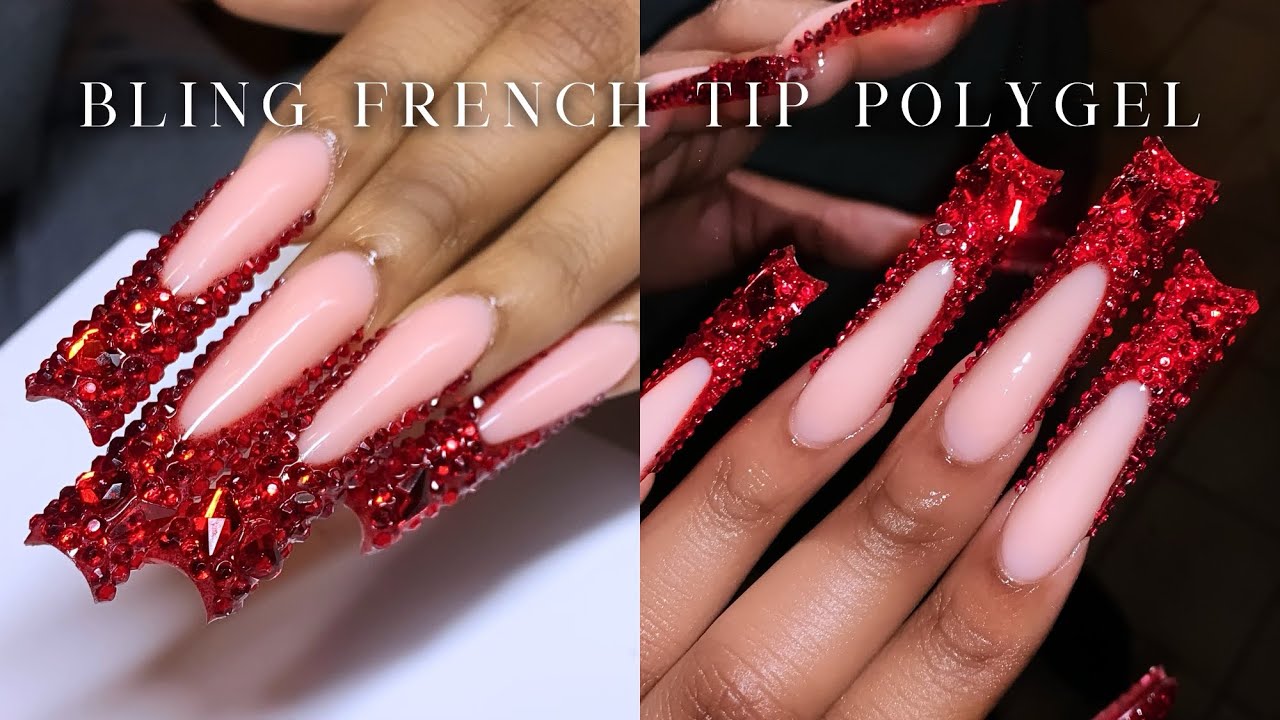 RED BLING FRENCH TIP POLYGEL NAILS❤️✨ Christmas Nails