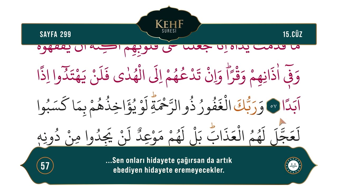 Diyanet Ok Takipli Hatim 15. Cüz - Kur'an-ı Kerim 299. Sayfa - Kehf Suresi 54-61. Ayetler