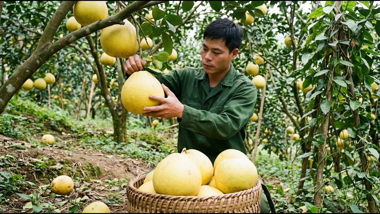 Harvesting Giant Pomelos In The Forest And Bringing Them To The Market To Sell To Earn Money