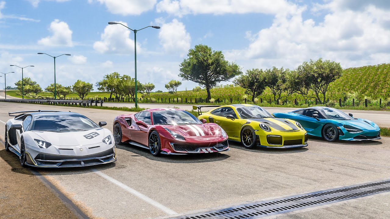 Forza Horizon 5 Drag race: Aventador SVJ vs Ferrari 488 Pista vs 911 GT2 RS vs McLaren 720S