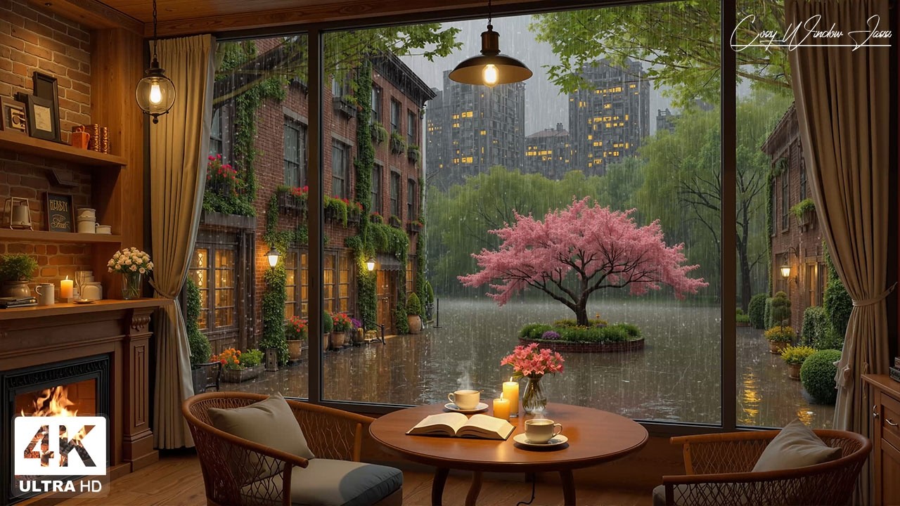 A Quiet Caf&eacute; by the Window ☕ Rainy Piano Jazz & Cozy Fireplace Ambience to Chill & Relax