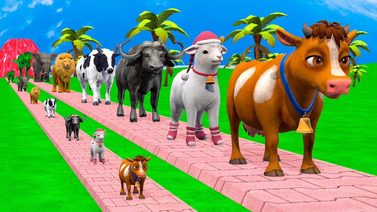 Long Slide Game With Cow Elephant Gorilla Hippopotamus Tiger - 3d Animal Game - Funny 3d Animals