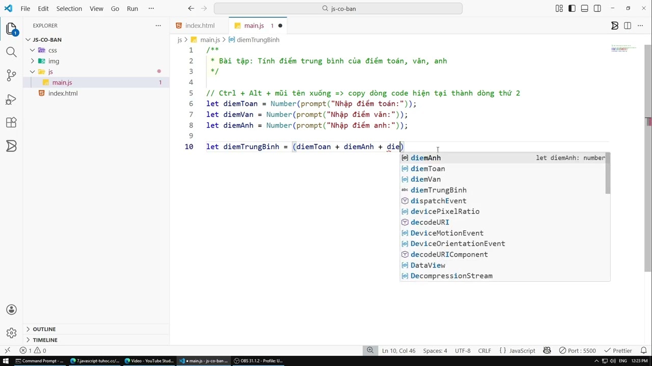 [JavaScript] Bài 12: Bài tập tính điểm trung bình 3 môn toán, văn, anh