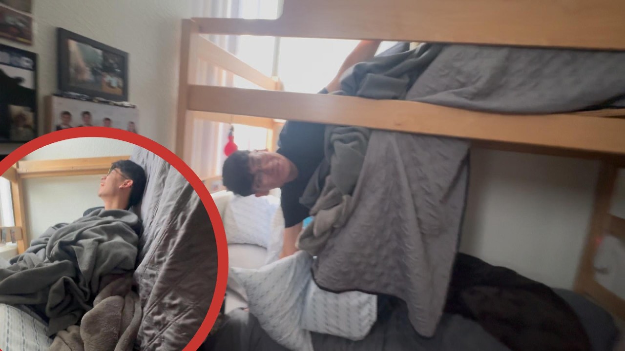 HE FELL THROUGH HIS BED!! (WE PRANKED HIM)