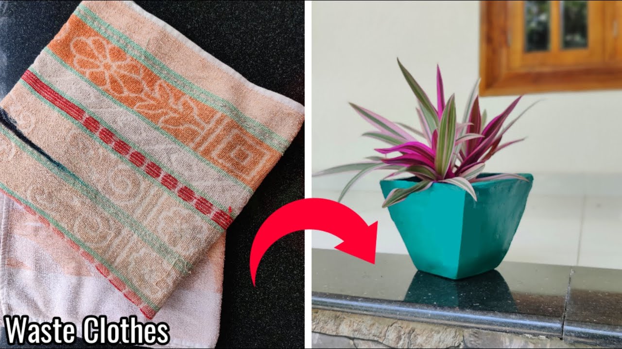 How to make pot using cement and waste clothes | DIY cement planter