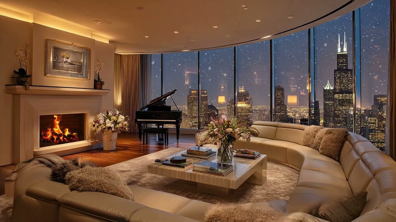 Cozy Apartment Piano Jazz | Soft Snowfall & Fireplace Ambience for Study, Focus & Work