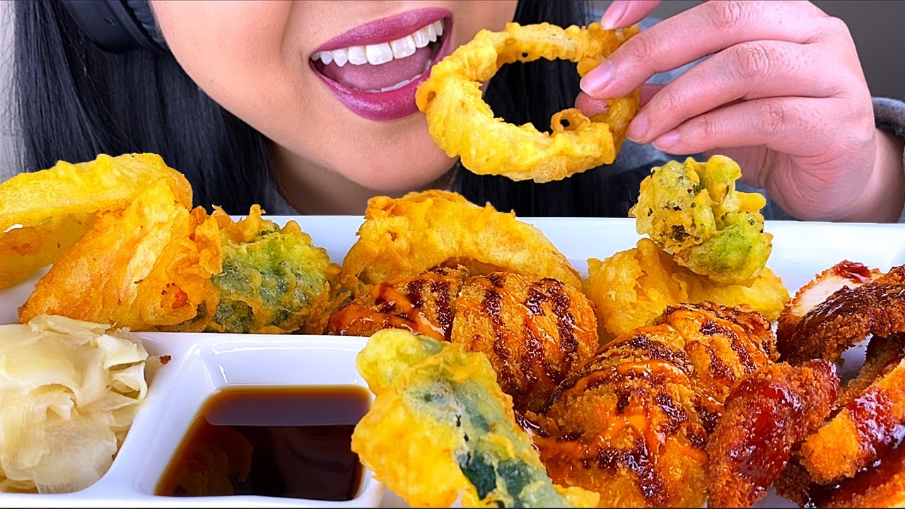 ASMR SUSHI AND CHICKEN KATSU (ONION RINGS, MONKEY BRAIN SUSHI) *NO TALKING* | ASMR Phan