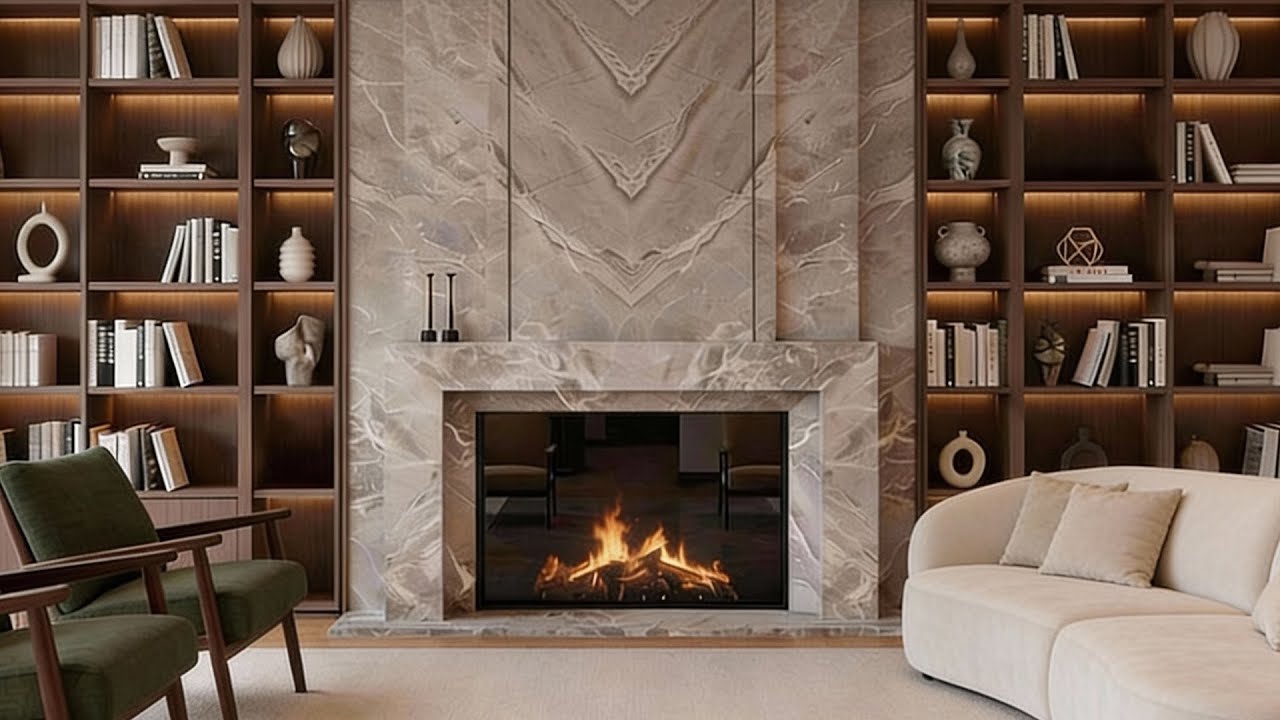 Luxury Apartment Fireplace Ambience | Modern Interior, Soft Crackling Fire | 1H