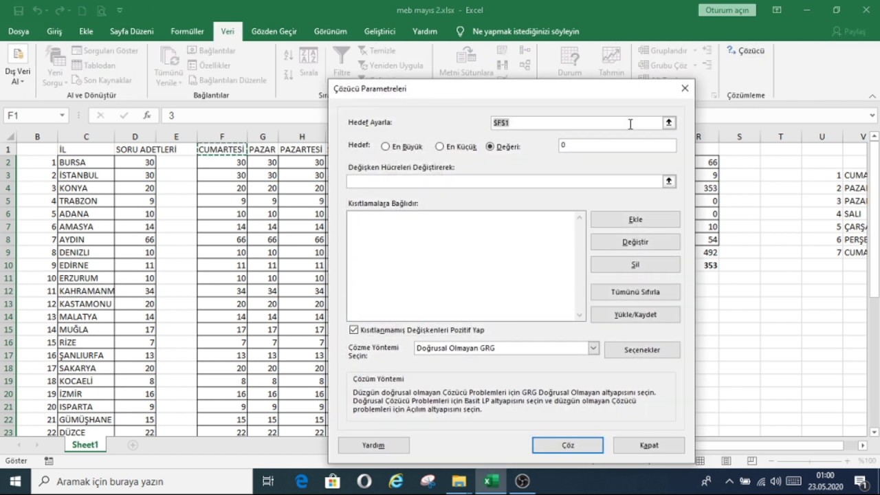 EXCEL ÇÖZÜCÜ EKLENTİSİ İLE GÜZEL BİR ÖRNEK