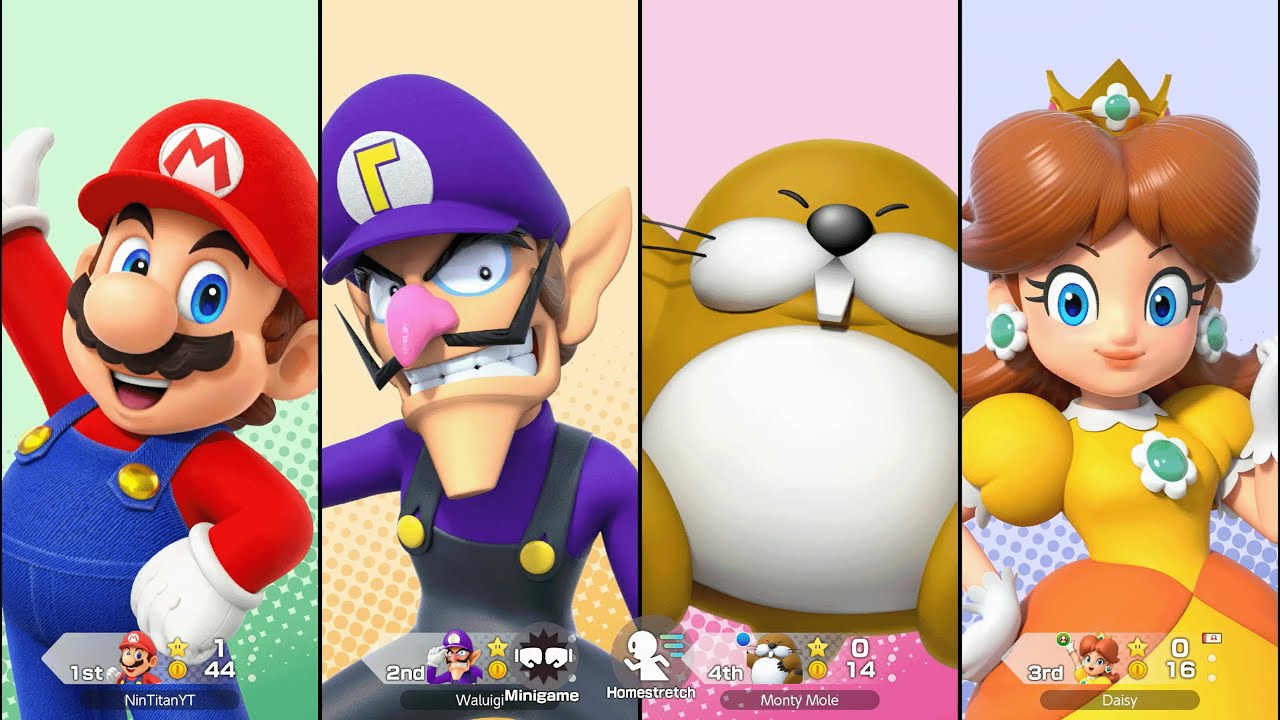 Super Mario Party Jamboree - Mario vs Waluigi vs Monty Mole vs Daisy - Roll 'em Raceway