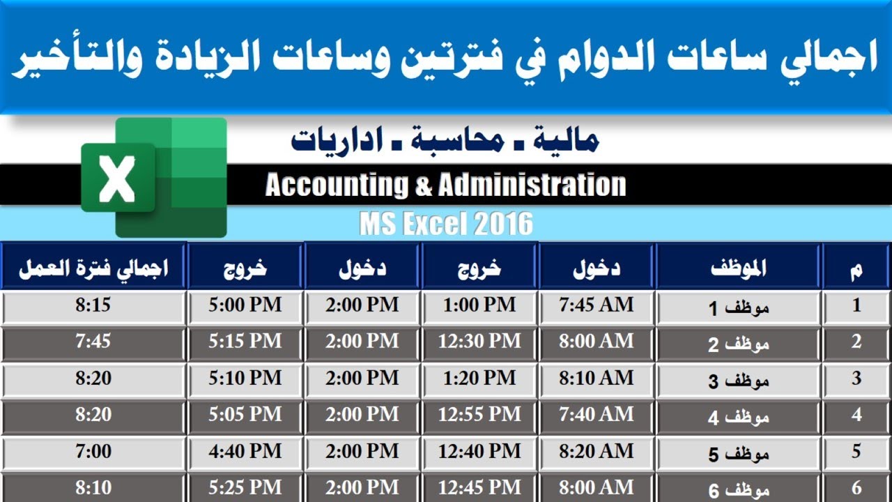 مالية ومحاسبة ـ 78 ـ حساب اجمالي ساعات الدوام في فترتين خلال اليوم وساعات الزيادة والتأخير