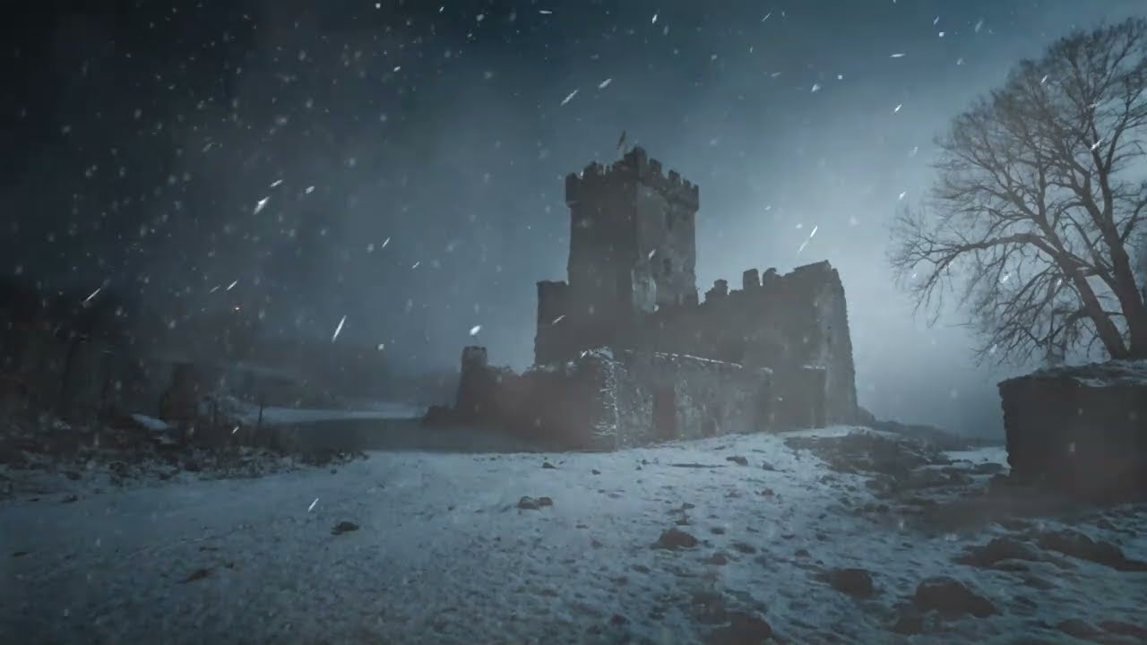 Howling Snowstorm at Ruined Castle. Relaxing Winter Night Ambience for Sleep. Windy Blizzard Sounds.