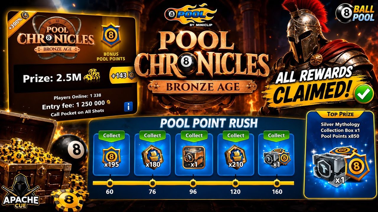 8 Ball Pool Pool Chronicles Bronze Age 🏆 All Rewards Claimed | Pool Point Rush Complete | Apache Cue