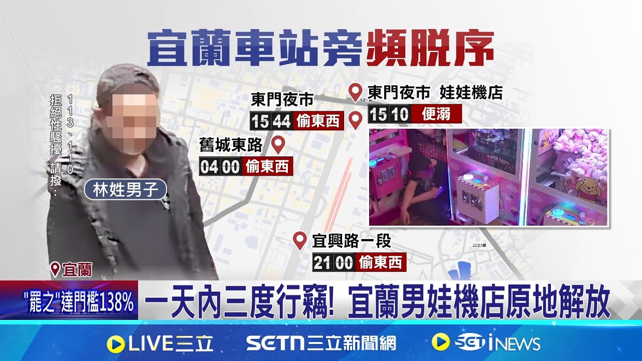 宜蘭車站襲胸男! 被抓包行竊.便溺都是他 一天內三度行竊! 宜蘭男娃機店原地解放｜三立新聞網 SETN.com