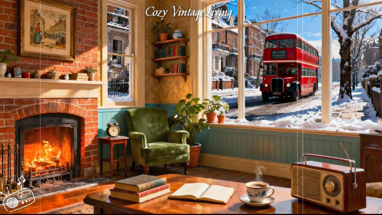 Vintage Jazz Cozy Winter Ambience | Snowy Street View, Fireplace & Relaxing Oldies