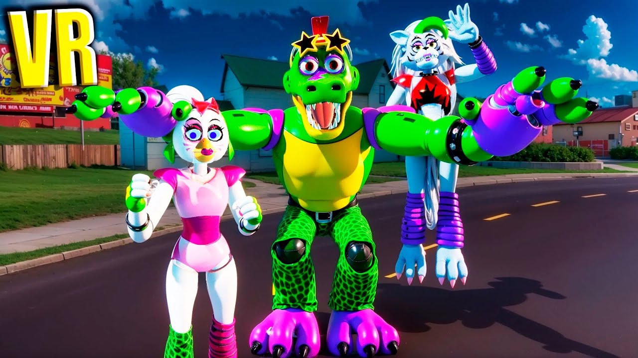 VR Гига Монти Чика и Рокси летают по городу Спрингфилд в Бонелаб FNAF COOP Bonelab Mod