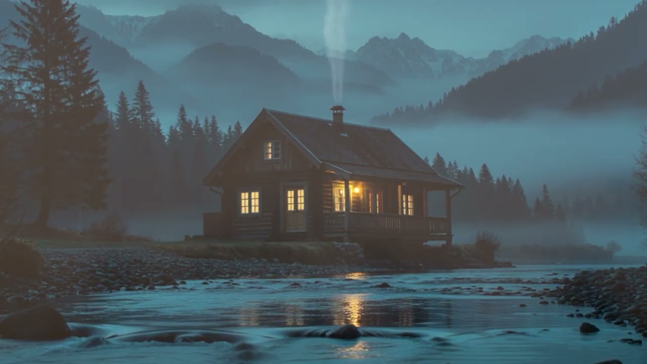 Lonely Cabin by the River at Night  Calm Water Reflections, Deep Forest Silence, and Gentle Blue