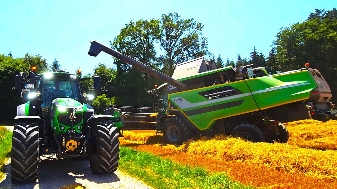 Deutz-Fahr C9206 T5 Harvester DH720 R Power + TTV 6190 mit Lkw Anhänger bei Gerste dreschen 2023