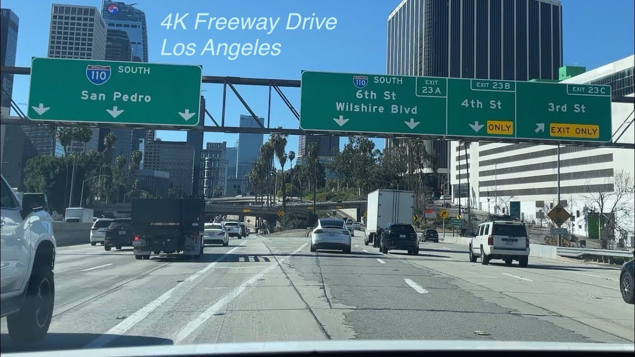 4K LA Freeway Drive | From LA downtown area toward OC. I-110 south bound. ASMR relaxing road trip.